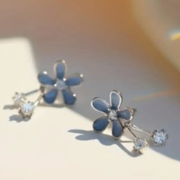 Floral Stud Earrings with Rhinestones, Stainless Steel Post Oriental Style - Picture 5 of 7